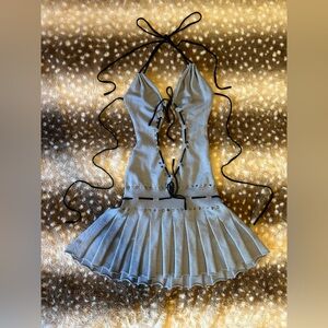 Jaded London Blue Gray Backless Plunge Pleated Mini Dress size L $135